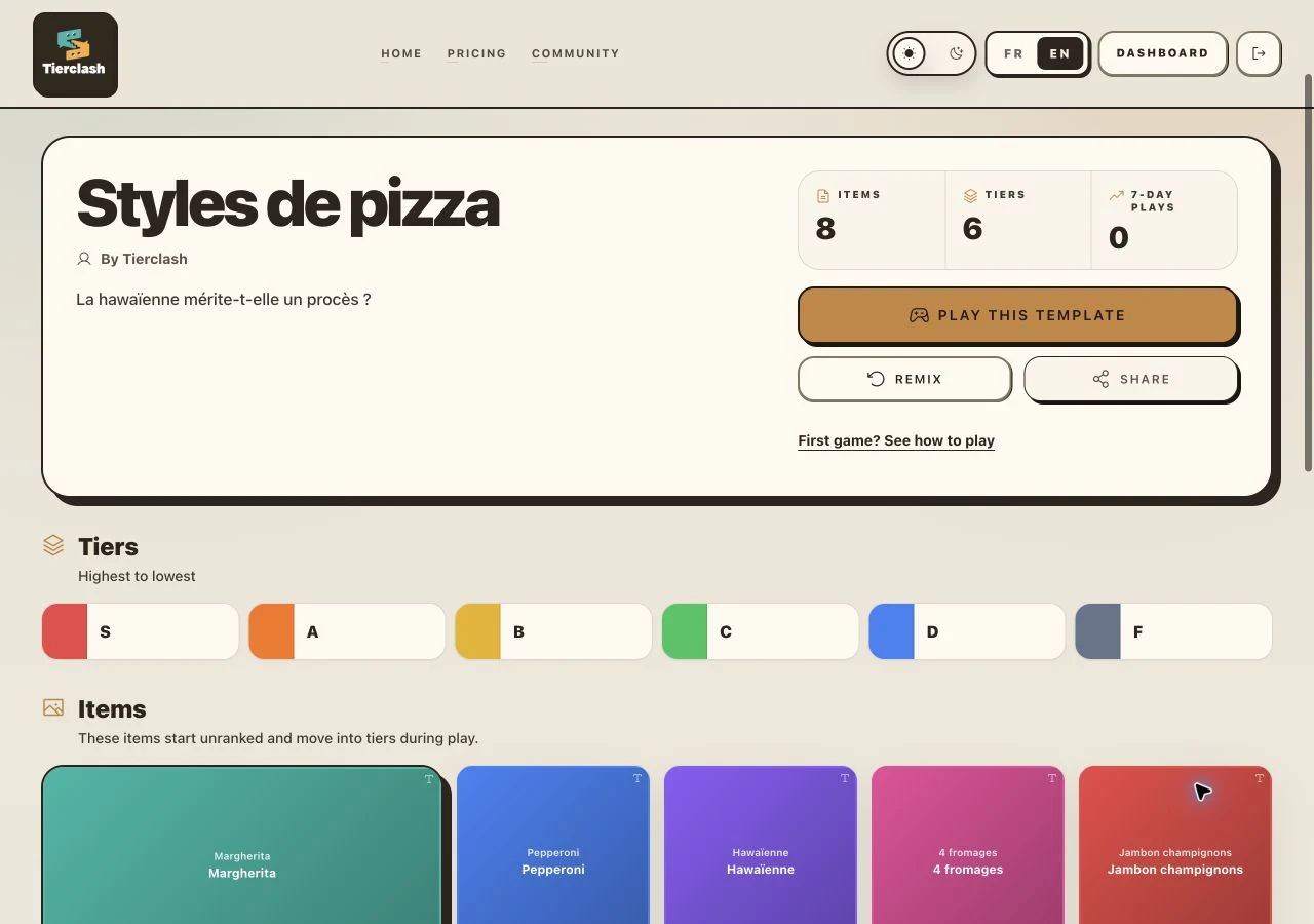 Tierclash tierlist detail page with the button to start playing the Styles de pizza list