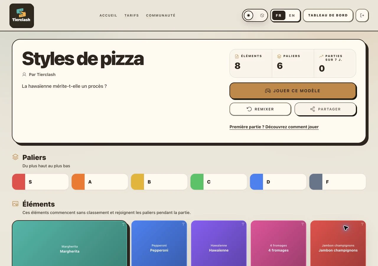 Page de détail d'une tierlist Tierclash avec le bouton pour lancer la tierlist Styles de pizza